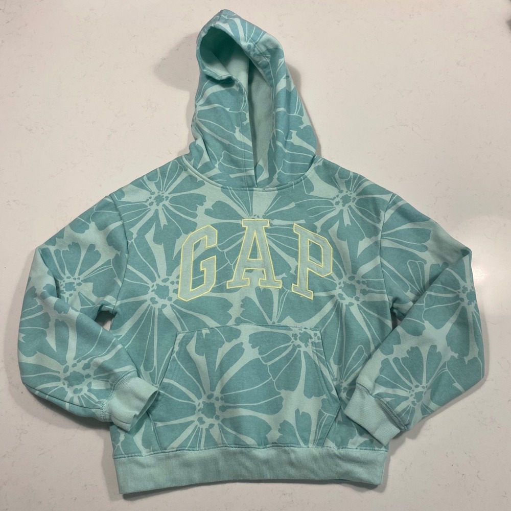 GAP Kid Vintage Relaxed Floral Logo Hoodie XL(12) Green Fleece Pullover Tropical - Picture 3 of 9